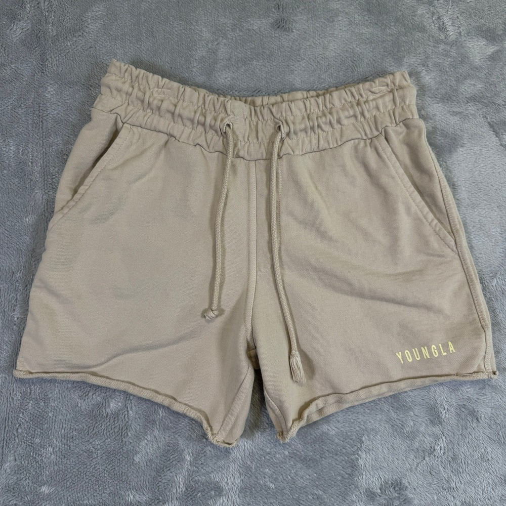 YoungLA Shorts Women Medium Beige Love Sets Terry‎ Athletic Drawstring Raw Hem